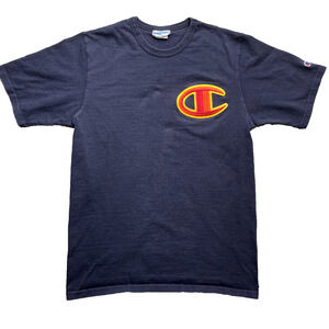 Vintage Champion Shirt Mens Large Blue Emboidered C Retro Short Sleeve Tee Faded